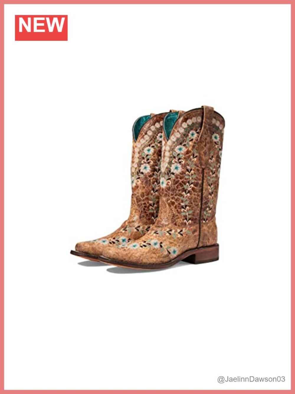 Western Boots Floral Embroidered Leather Square Toe Pull On Mid Calf